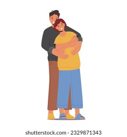 Male and Female Couple Characters Hug. Intimate Embrace Of Love, Where Two Hearts Connect, Expressing Affection, Warmth, And Comfort Through A Gentle And Tender Hug. Cartoon People Vector Illustration