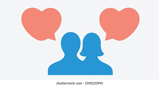 male & female couple chatting. speech social media & virtual love. blinddate vector. heart shape bubble silhouette for valentines day. dating site flat design concept. relationship cover page creative