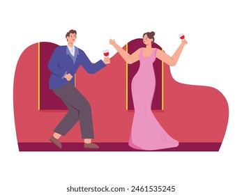 Male and female couple dancing with wine glasses. Vector flat illustration. Character design