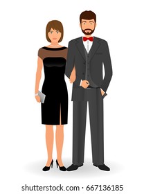 Male and female couple in elegant clothes for official social events. Black tie dress code. Cocktail evening clothes. Vector illustration.