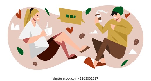 male and female couple enjoying coffee while chatting. fly, soar in the air. coffee concept, feel free, relax. with coffee, love, leaf, cloud icons. flat vector illustration.