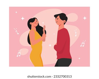 A male and female couple face to face talking while dancing in a club, with the sound of music to celebrate an anniversary. Design. Character. Vector flat illustration