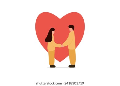 A male and female couple holding hands with red hearts behind them. Expressing love from a lover. Design for Valentine's Day. Vector illustration flat design style	