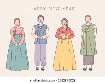 A male and female couple in Korean traditional costumes are standing with their hands together. flat design style minimal vector illustration.