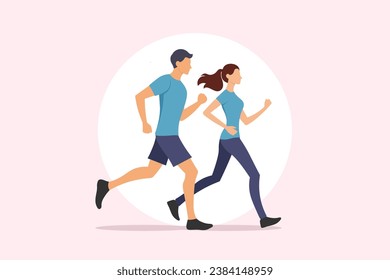 pareja de hombres y mujeres participando en carreras deportivas o corren maratón. corredor corriendo. La gente hace ejercicio y tiene un estilo de vida saludable. ilustración del vector de amor.