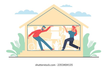 Male and female couple unhappy with size of their home, crammed into very small apartment. Frustrated man and woman in tiny house. Cartoon flat illustration. Vector real estate concept