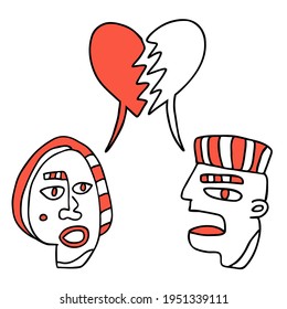 A male and female couples with broken love heart chat bubble. Copy space to add your own text. This is a hand drawn communication concept.