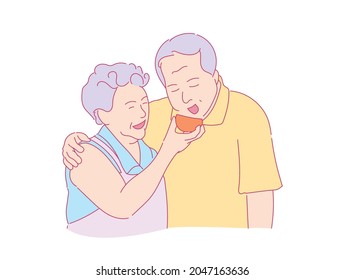 Male and female couples are feeding each other.  positive emotion concept