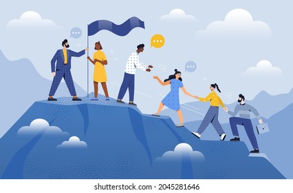 Male and female coworkers are helping each other to climb up the mountain together. Teamwork partnership. Company employee challenge to climb to mountain together. Flat cartoon vector illustration