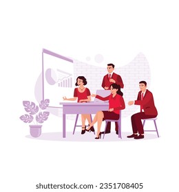 Male and female co-workers share opinions, brainstorm, and business people sit together looking at laptops. Trend Modern vector flat illustration