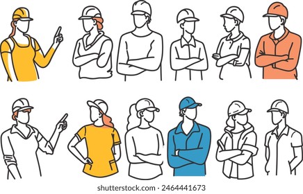 Male and female creator icon set pointing fingers, creator, male, female, icon, set, pointing fingers, line art vector illustration, modern line art.