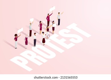 Multitud de hombres y mujeres con diversidad sosteniendo un megáfono y una pancarta protestando en contra, manifestaciones políticas, desfiles. ilustración vectorial isométrica.