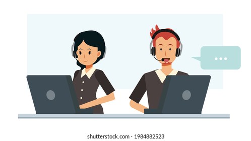 Male and female customer service and call center character flat cartoon vector illustration.