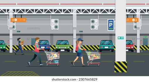 Male and female customers are pushing shopping carts to the parking lot.