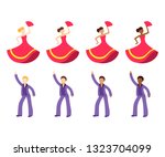 Male and female dancer emoji set. Disco dancing man and flamenco dancer woman with different skin tone color. Flat cartoon vector icon collection.