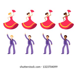 Male And Female Dancer Emoji Set. Disco Dancing Man And Flamenco Dancer Woman With Different Skin Tone Color. Flat Cartoon Vector Icon Collection.