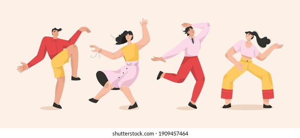 Male and female dancers set isolated on white background. Happy people dancing in different styles, having fun at party. Training at dance studio. Vector character illustration of hobby or profession