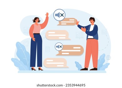 Male and female deaf mute characters talking with hand gestures. Communication with a sign language. Flat vector illustration