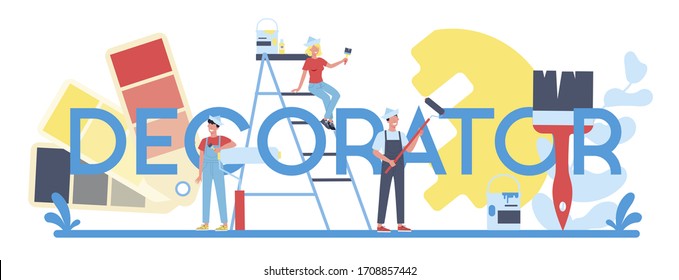 Male and female decorator painter in the uniform typographic header concept. People paint the wall with paint roller. Upgrade and repair process concept. Person on the work. Vector illustration