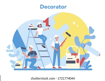 Male and female decorator painter in the uniform paint the wall with paint roller. Upgrade and repair process concept. Person on the work. Vector illustration in cartoon style
