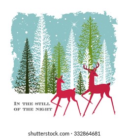 Male and female deer in the woods in winter 