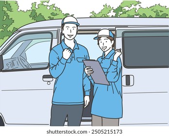 A male and female delivery driver doing a fist pump in front of their car