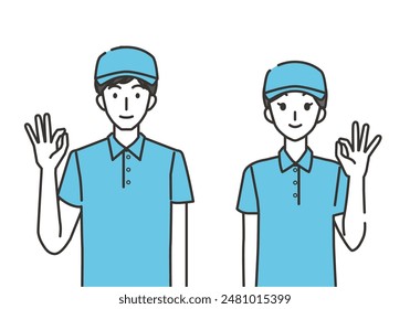 Male and female delivery drivers in okay pose