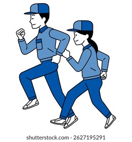 Male and female delivery men in running work clothes (sideways)