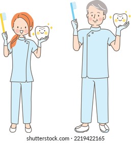 Male and female dental hygienist teaching toothbrushing vector illustration