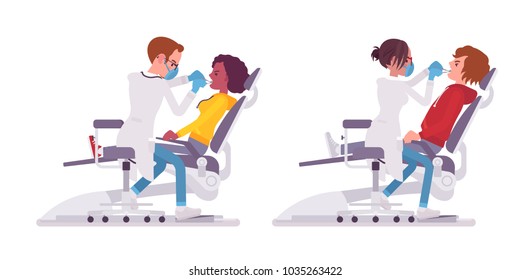 Male and female dentist doctor. People in hospital uniform skilled in practice of teeth treatment. Medicine and healthcare concept. Vector flat style cartoon illustration isolated on white background