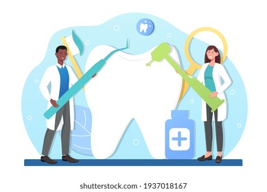 Male and female dentists curing tooth together. Smiling dentists are standing with special equipment together to heal big tooth as a team. Concept of medical teamwork. Flat cartoon vector illustration