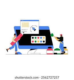 Male And Female Designers Working On Digital Art In Flat Vector Illustration Symbolizing Teamwork, Creativity, And Artistry, Isolated On White Background.