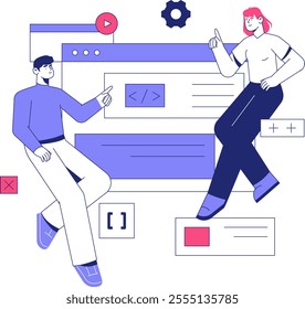 Male And Female Developers Collaborating On Code In Flat Vector Illustration Symbolizing Teamwork, Programming, And IT Workflow, Isolated On White Background.