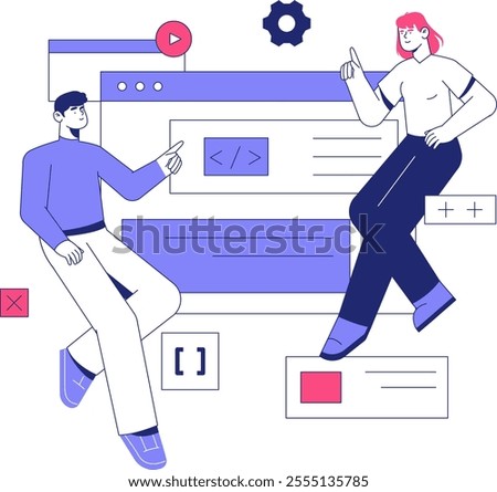 Male And Female Developers Collaborating On Code In Flat Vector Illustration Symbolizing Teamwork, Programming, And IT Workflow, Isolated On White Background.