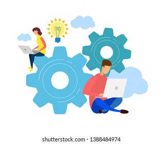 Male, Female Developers Teamwork, Cowork Character. SEO, App Optimization Flat Illustration. Cartoon Programmers Coding, Using Laptops. New Ideas, Creative Solution Searching, Brainstorm Male, Female Developers Teamwork, Cowork Character. SEO, App Optimization Flat Illustration. Cartoon Programmers Coding, Using Laptops. New Ideas, Creative Solution Searching, Brainstorm