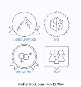 Male, female, dice and family icons. Under supervision linear sign. Award medal, star label and speech bubble designs. Vector