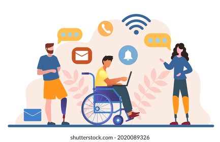 Male And Female Disabled People Are Working Together In The Office. Concept Of World Disability Day, Handicapped Persons. People With Disabilities At Workplace. Flat Cartoon Vector Illustration