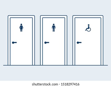 Male, female and disabled restrooms, simple and modern flat cartoon vector illustration. Man, Woman and handicapped (wheelchair) symbols on bathroom doors.