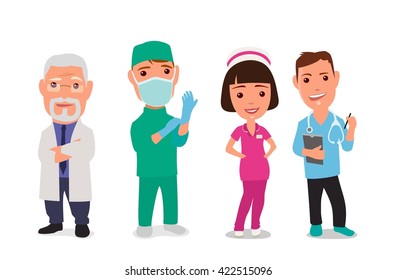 Male, female doctor character set icon. Vector flat illustration on white background. 