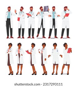 Male And Female Doctor Characters Dedicated To Providing Medical Care, Expertise And Support To Patients. They Work Tirelessly To Diagnose, Treat And Improve Health. Cartoon People Vector Illustration