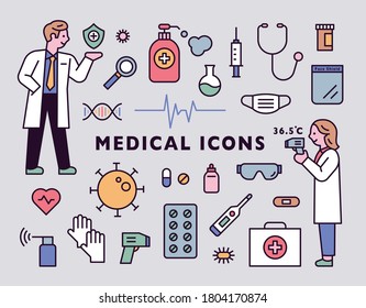 Male and female doctor characters and medical icon set. flat design style minimal vector illustration.