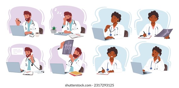 Personajes Médicos Hombres Y Mujeres Utilizando Portátiles Para Una Práctica Médica Eficiente, Integrando La Tecnología En Su Trabajo, Mejorando La Atención Al Paciente Y El Apoyo. Ilustración de vectores de personas de caricatura