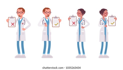 Male and female doctor with clipboard. Man and woman in hospital uniform standing with patient list. Medicine, healthcare concept. Vector flat style cartoon illustration isolated on white background