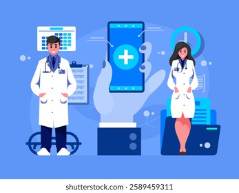 Male and female doctor. Doctors in a white coat stands with a stethoscope. Medical specialist. Mobile application for healthcare. Smartphone with a cross symbol in hand. Vector graphics