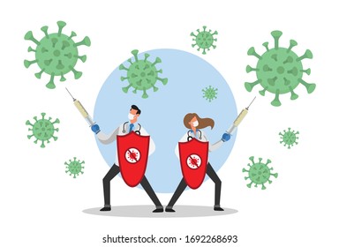 Male and female doctor fighting with syringes against coronavirus