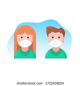 Male and female doctor nurse wearing medical face mask flat minimal vector illustration