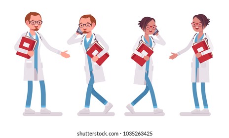 Male and female doctor with paper and phone. Man and woman in hospital uniform busy at clinic work. Medicine and healthcare concept. Vector flat style cartoon illustration isolated on white background