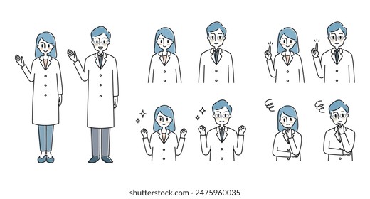 Male and female doctor pose set in white coat