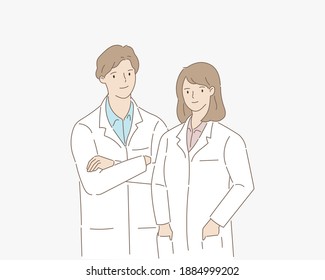 Male and female doctor pose and smile. Healthcare and medical concept. Hand draw style. Vector illustration.