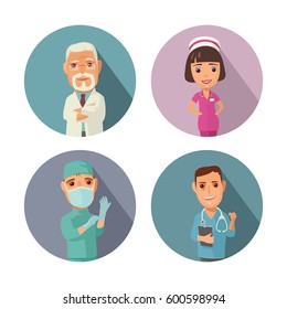 Male, female doctor set icon. Vector flat illustration with shadow on color circle.